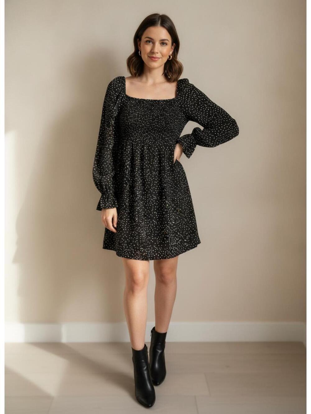 Missguided Black Polka Dot Long Sleeve Smocked Dress Size 0